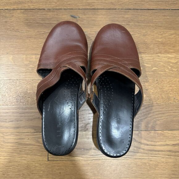 L L Bean Womens Brown Leather Clogs Mules Slip-On Shoes Made In Brazil 41 US 10 - Picture 4 of 7